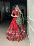Lorenvalley Red Dola Silk Patola Print With Gamthi Work Lace Border Lehenga Choli with Dupatta