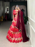 Lorenvalley Red Tussar Silk Printed Lehenga Choli