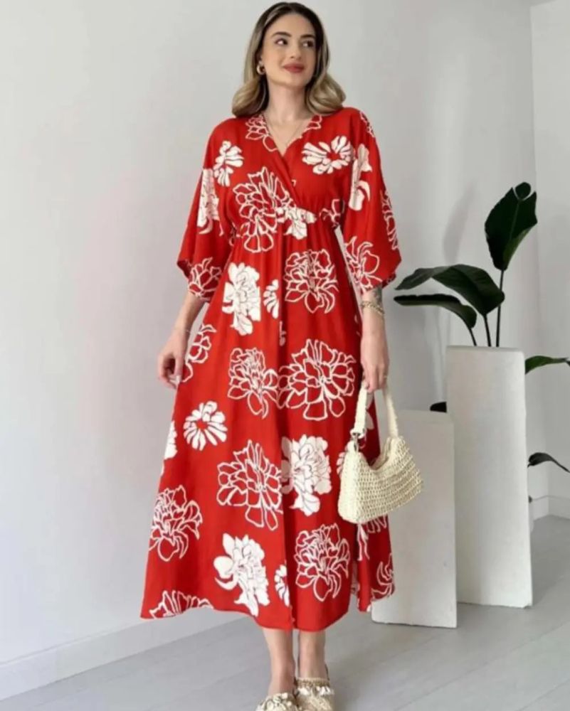 Pimu Front Slit Midi Dresses V-neck Designs For Women Party Wear - Red