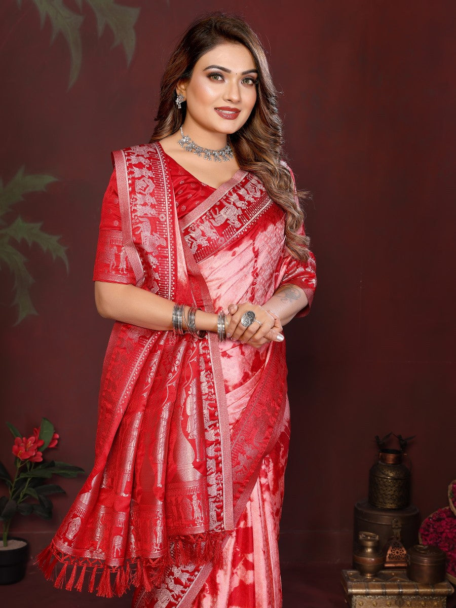 Anaita Red Zari Weaving Work Satin Silk Saree With Blouse - Distacart