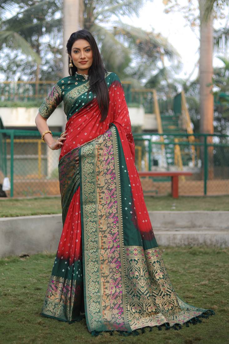 Anaita Red Woven Design Pure Bandhej Kanjivaram Soft Silk Saree - Distacart
