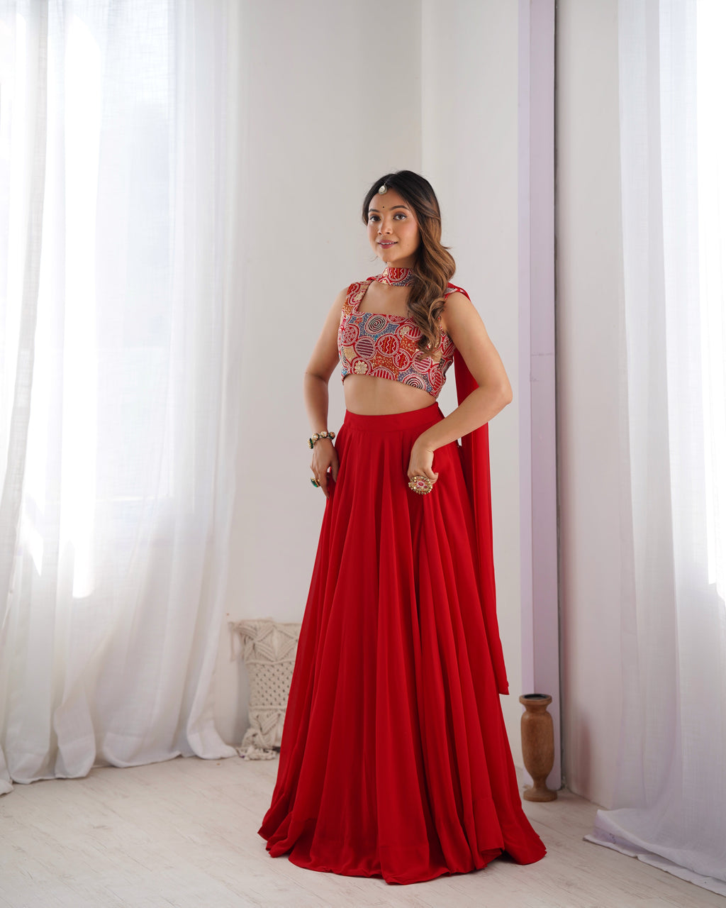 Lorenvalley Red Faux Georgette Stitched Lehenga Embroidery Blouse with Dupatta
