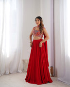 Lorenvalley Red Faux Georgette Stitched Lehenga Embroidery Blouse with Dupatta