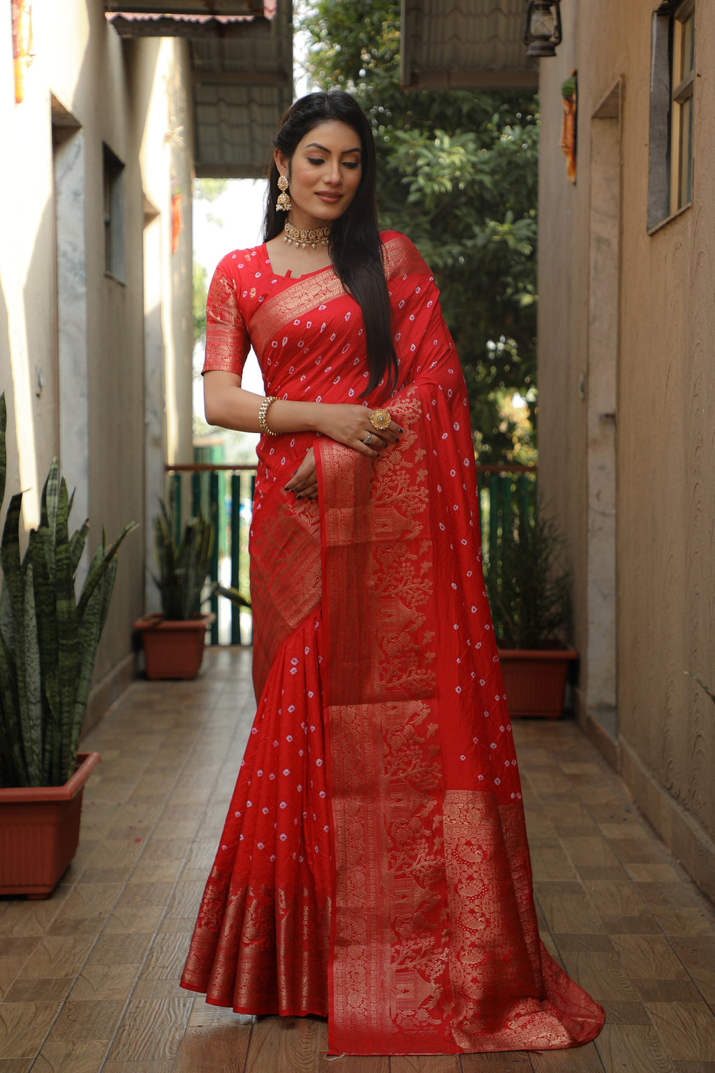 Lorenvalley Premium Pure Handmade Bandhej Kanjivaram silk saree with Zari Weaving Rich Pallu saree - Rust