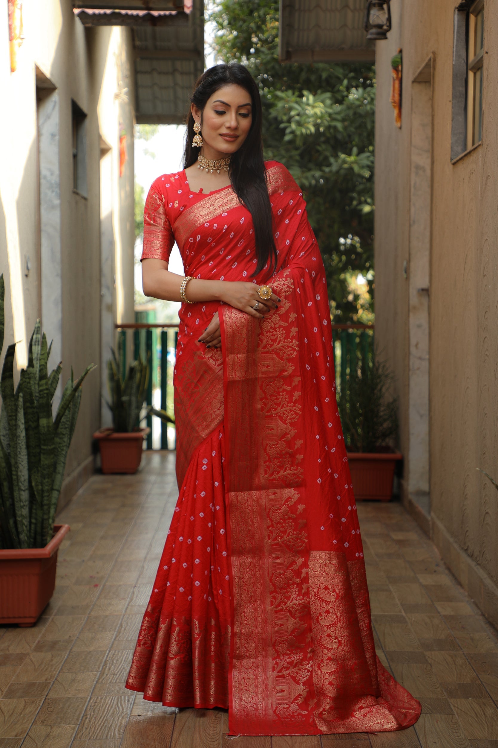 Lorenvalley Premium Pure Handmade Bandhej Kanjivaram silk saree with Zari Weaving Rich Pallu saree - Rust