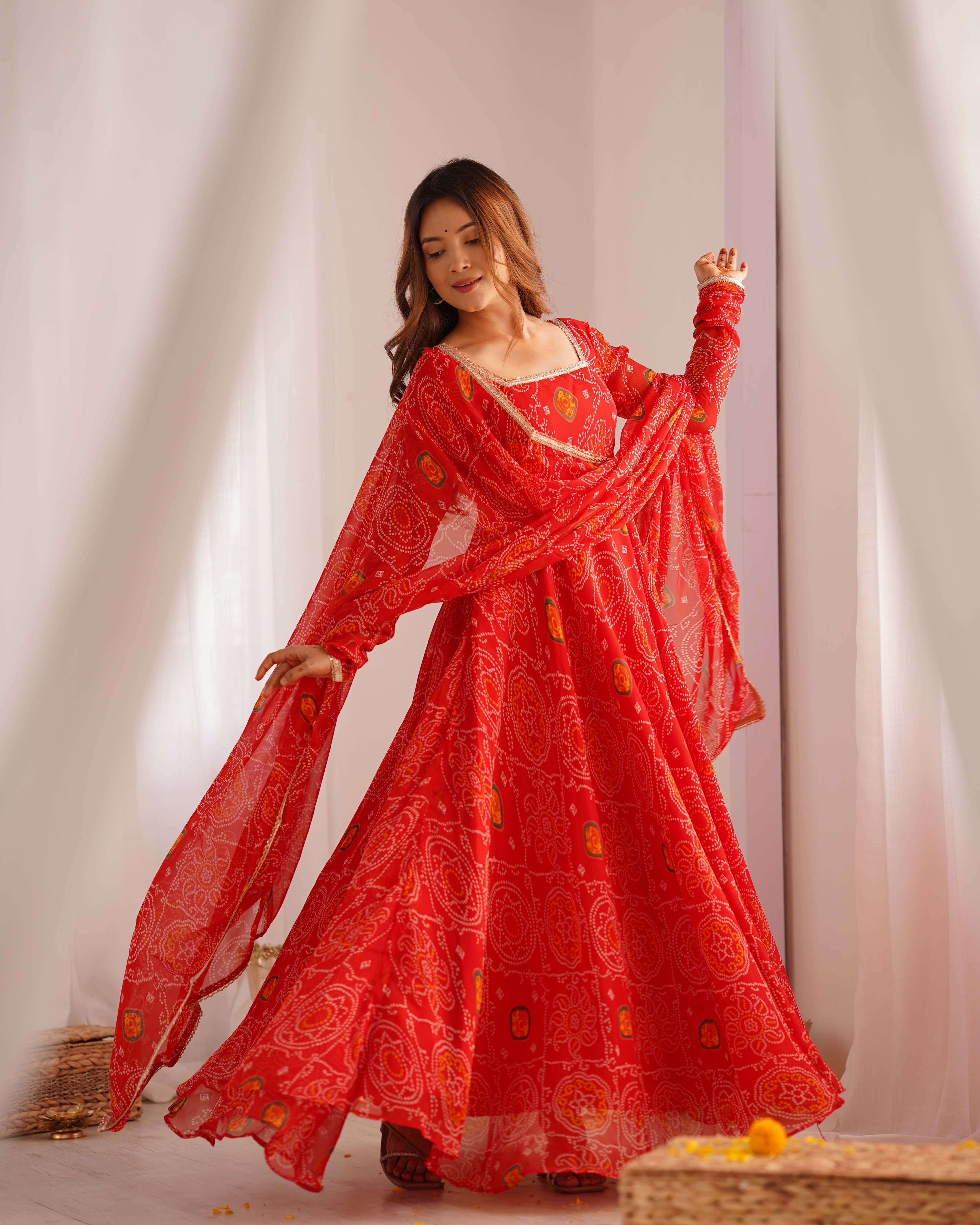 Lorenvalley Women Soft Lightweight Chiffon Bandhej Print Fabric Anarkali Kurta Pant With Dupatta Set