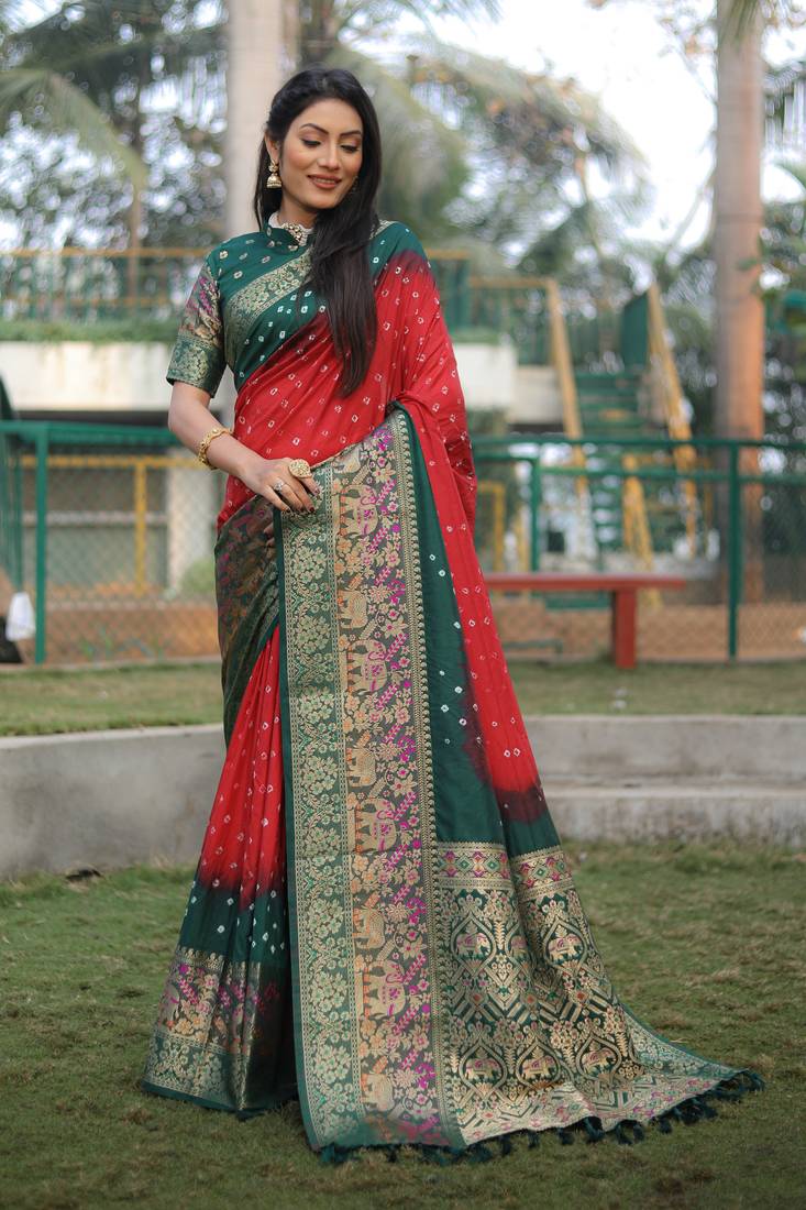 Anaita Red Woven Design Pure Bandhej Kanjivaram Soft Silk Saree - Distacart