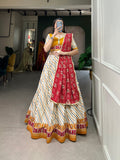 Lorenvalley White And Red Pure Cotton Leheriya With Patola Print Lehenga Choli With Dupatta
