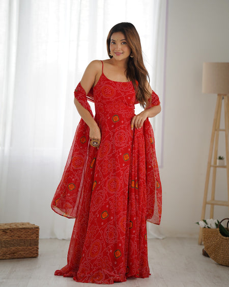 Lorenvalley Fashion Red Soft Chiffon Bandhej Fabric Print Fully Flair Anarkali With Pant Dupatta Set