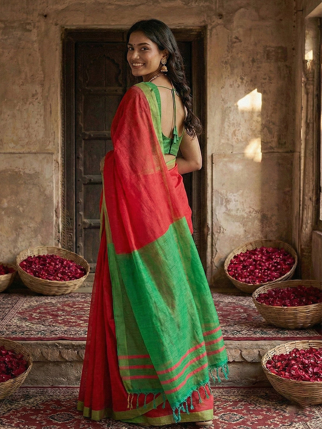 Anaita Red Cotton Printed Saree With Blouse - Distacart