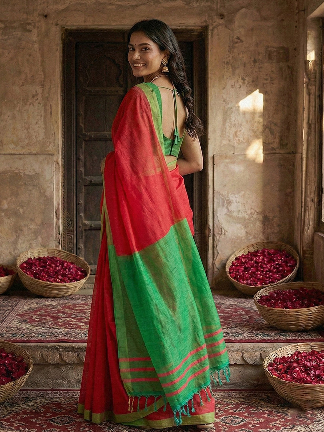 Anaita Red Cotton Printed Saree With Blouse - Distacart