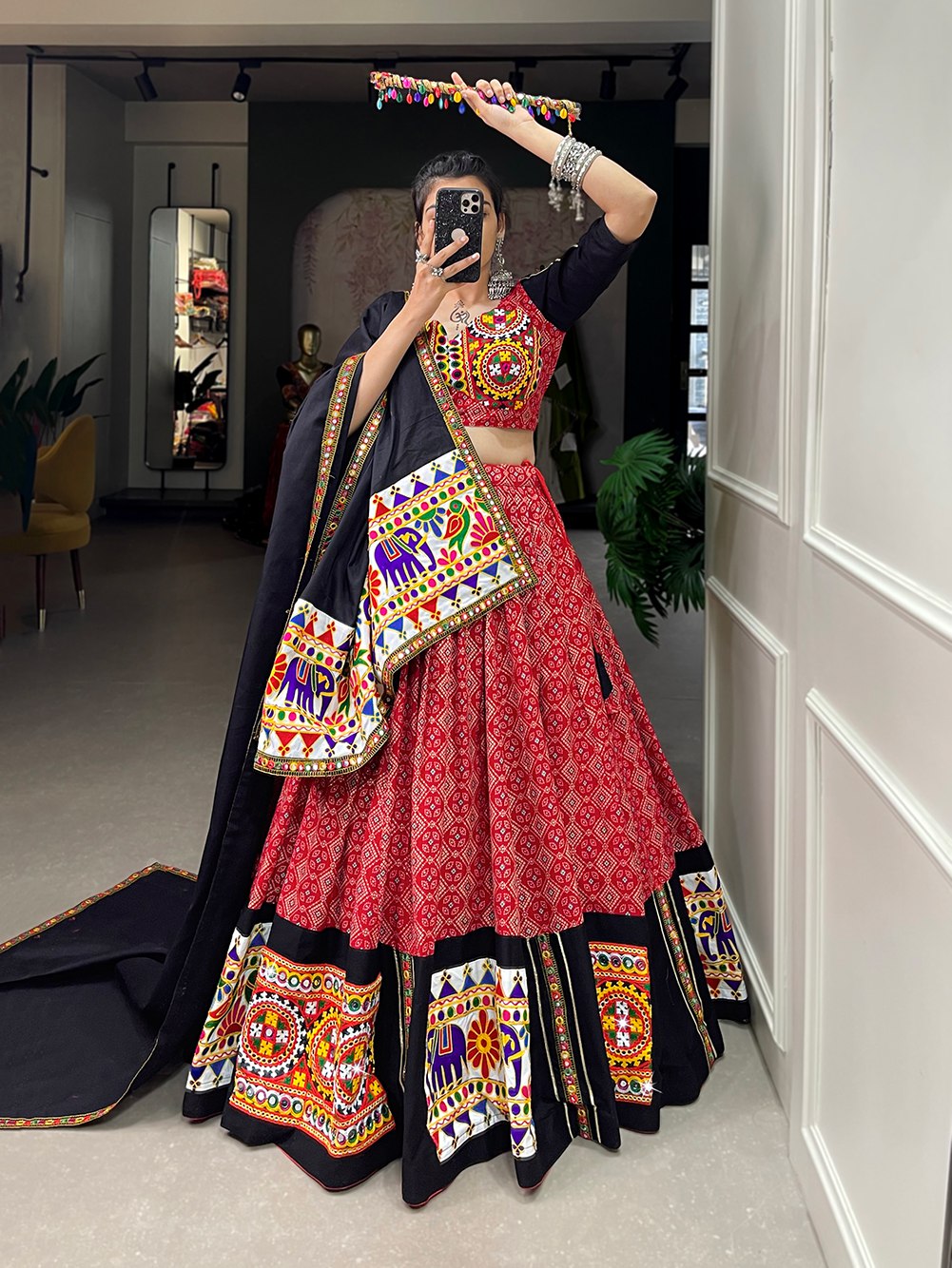 Lorenvalley Red Pure Cotton Lehenga Choli Embellishes With Gamthi Work And Mirror Work Touch Up To Make Everyone Feel The Stories Of Navratri Traditions
