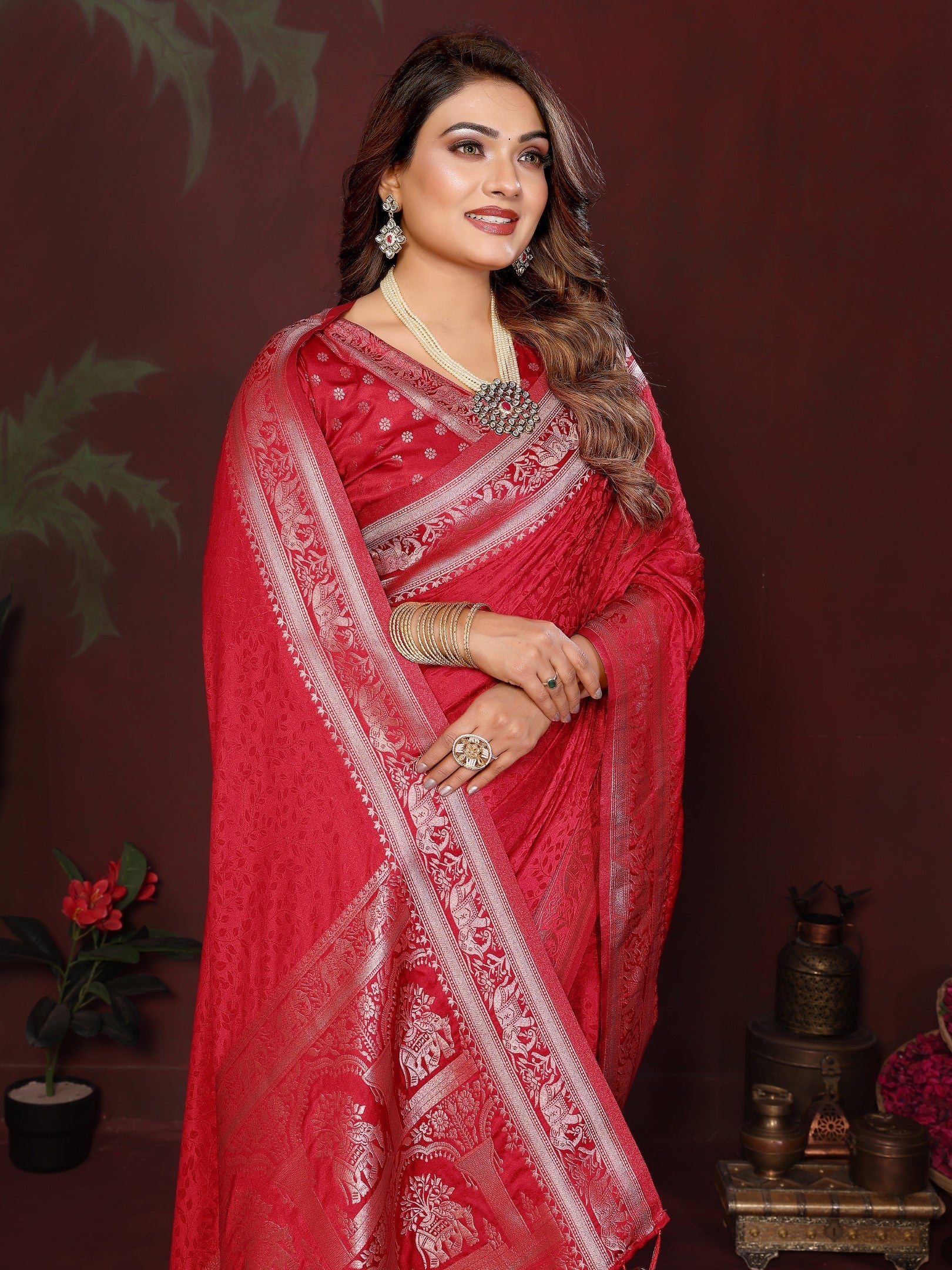 Anaita Red Zari Weaving Work Satin Silk Saree With Blouse - Distacart