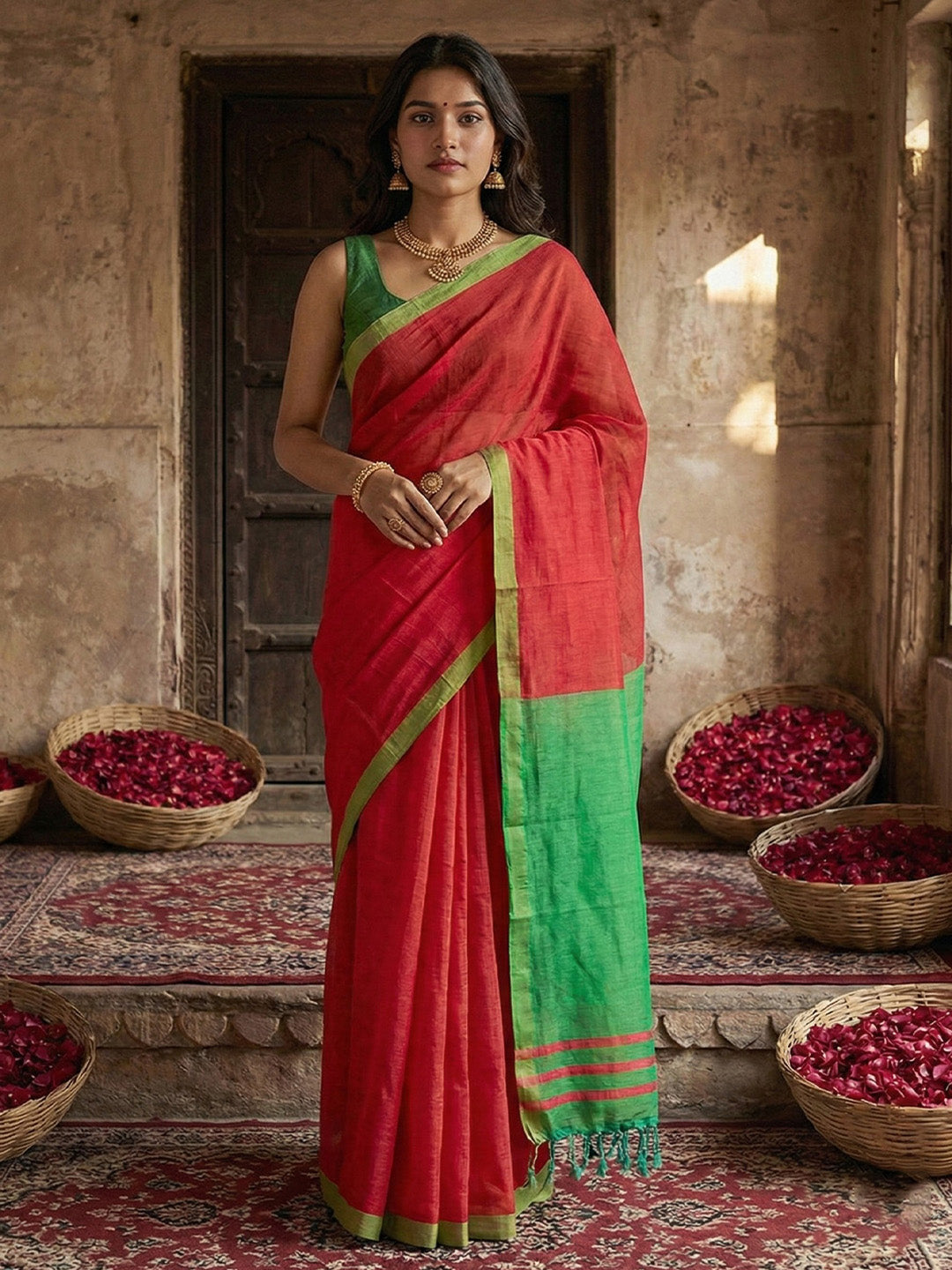 Anaita Red Cotton Printed Saree With Blouse - Distacart