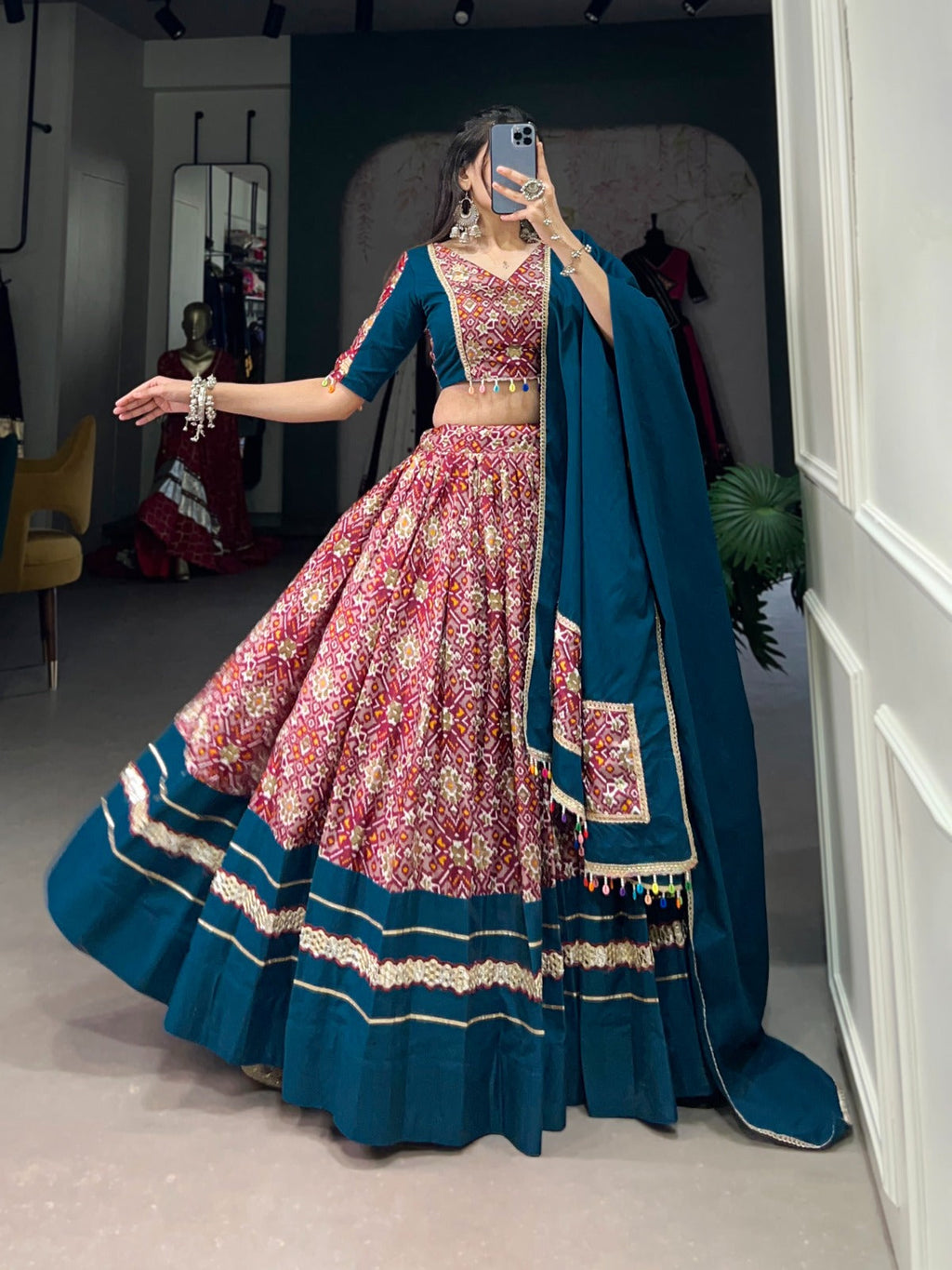 Lorenvalley Red Dola Silk and Rayon with Printed With Foil Work And Lace Touch Up Lehenga Choli