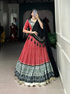 Lorenvalley Red Rayon with Bandhej And Ajarakh Print With Embossed Design Gota Lace Touch up Lehenga Choli