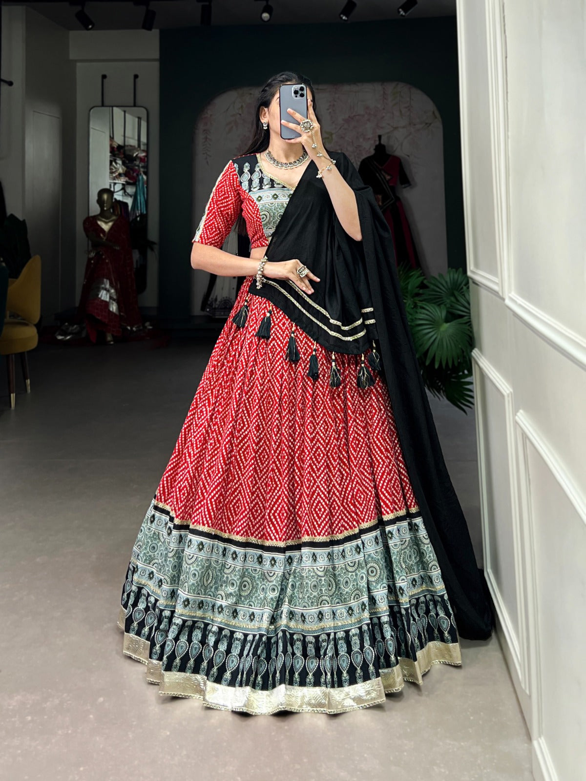 Lorenvalley Red Rayon with Bandhej And Ajarakh Print With Embossed Design Gota Lace Touch up Lehenga Choli