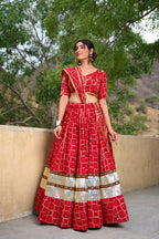 Lorenvalley Red Pure Rayon with Foil Printed With Gota Patti And Paper Mirror Work Lehenga Choli