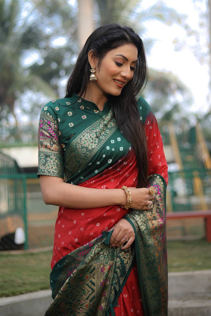 Anaita Red Woven Design Pure Bandhej Kanjivaram Soft Silk Saree - Distacart