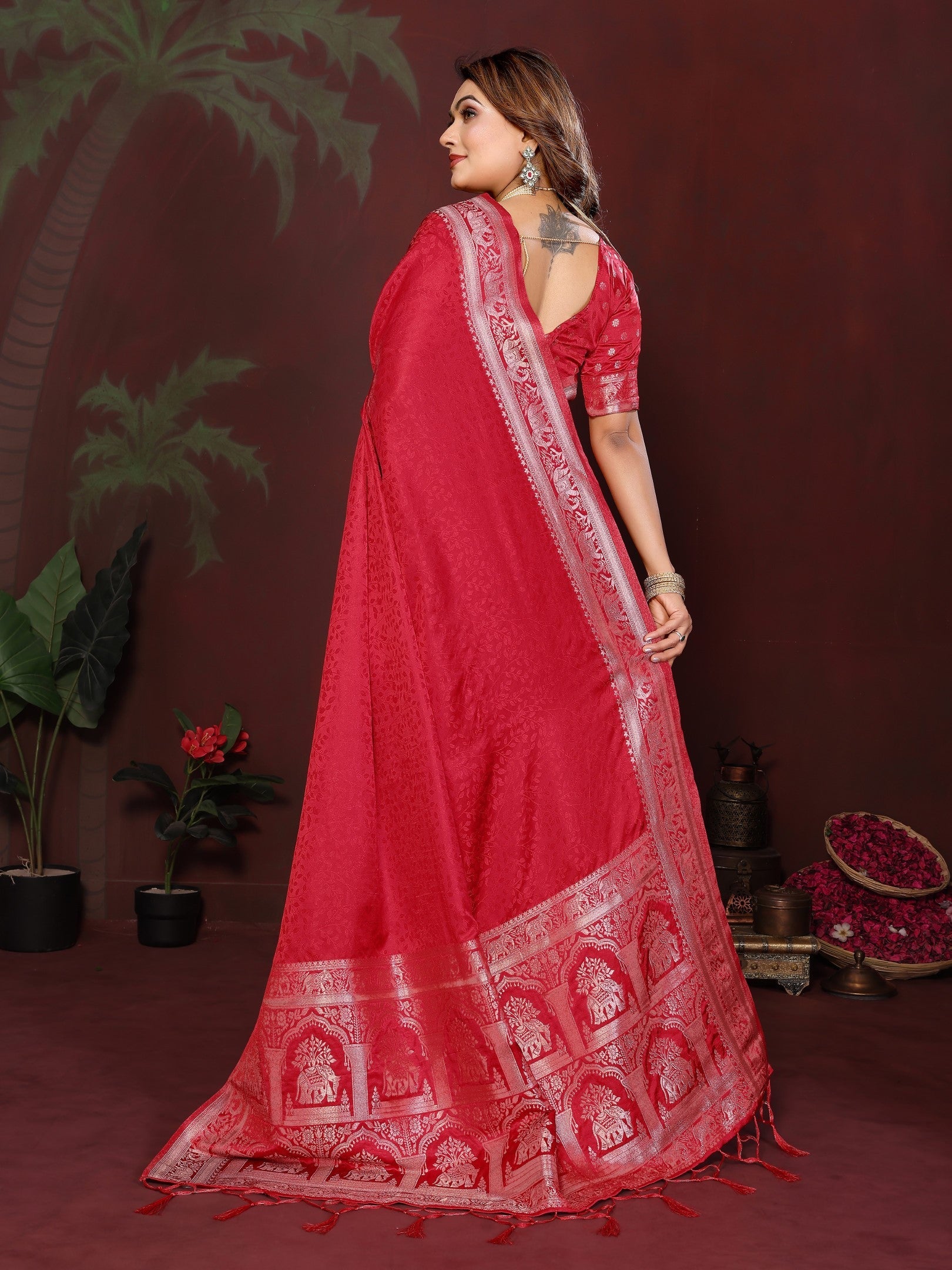 Anaita Red Zari Weaving Work Satin Silk Saree With Blouse - Distacart