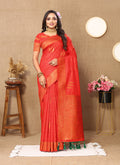 Lorenvalley Fashion Red Soft Silk Copper Zari weaving Design Saree