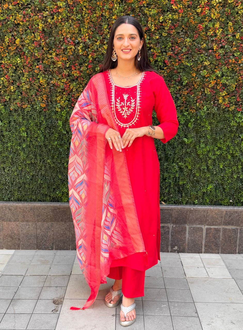 Lorenvalley Fashion Red Roman Silk Hand Work Kurta Pant with Dupatta - Distacart