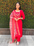 Lorenvalley Fashion Red Roman Silk Hand Work Kurta Pant with Dupatta - Distacart
