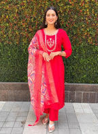 Lorenvalley Fashion Red Roman Silk Hand Work Kurta Pant with Dupatta - Distacart