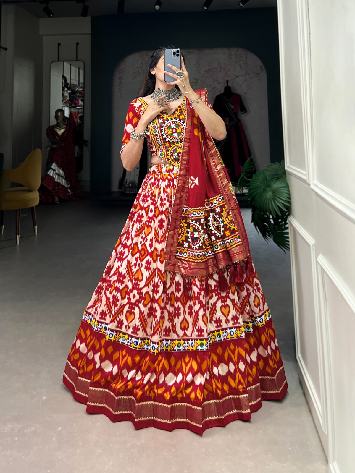 Lorenvalley Red Tussar Silk Patola Print With Foil Work And Original Mirror Gamthi Lace Lehenga Choli with Dupatta