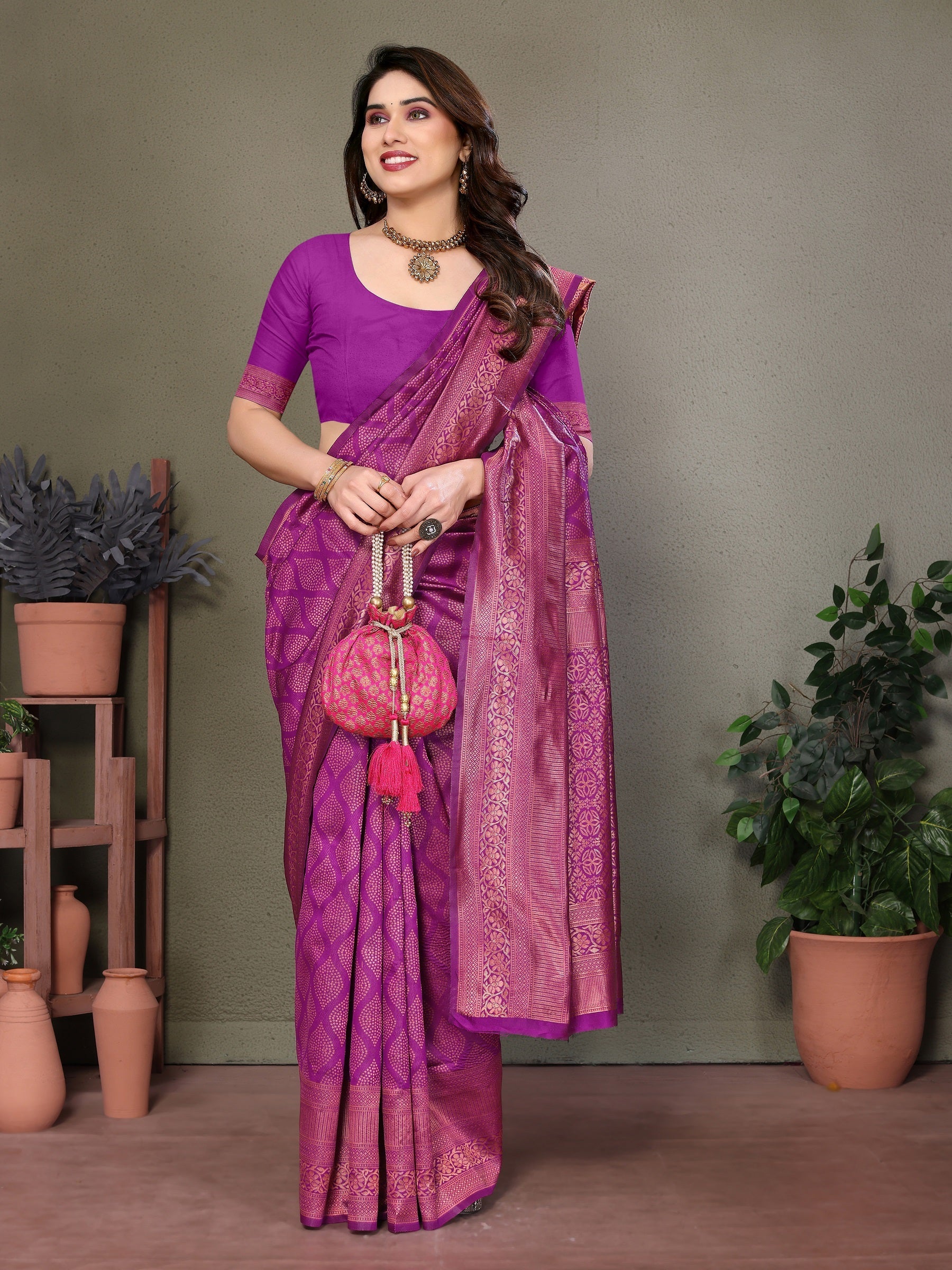 Vedant Vastram Litchi Silk Banarasi Silk Saree - Purple - Distacart