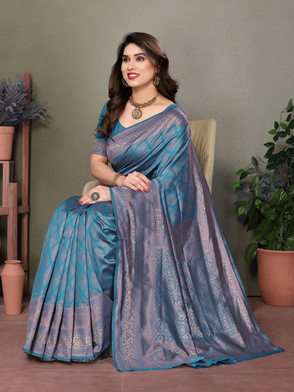 Vedant Vastram Litchi Silk Banarasi Silk Saree - Rama - Distacart