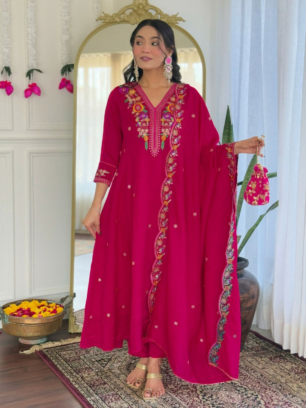The52 Rani Women's Beautiful Embroidered Work Vichitra Silk Fabric Straight Kurta Pant and Dupatta Set - Distacart