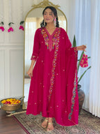 The52 Rani Women's Beautiful Embroidered Work Vichitra Silk Fabric Straight Kurta Pant and Dupatta Set - Distacart