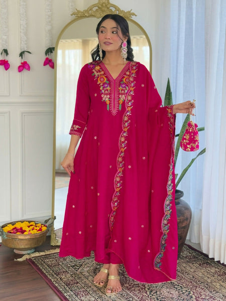 The52 Rani Women's Beautiful Embroidered Work Vichitra Silk Fabric Straight Kurta Pant and Dupatta Set