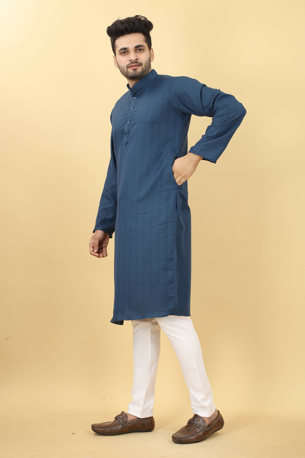 Blue Viscose Polyester Solid Men's Kurta - Mahotsav