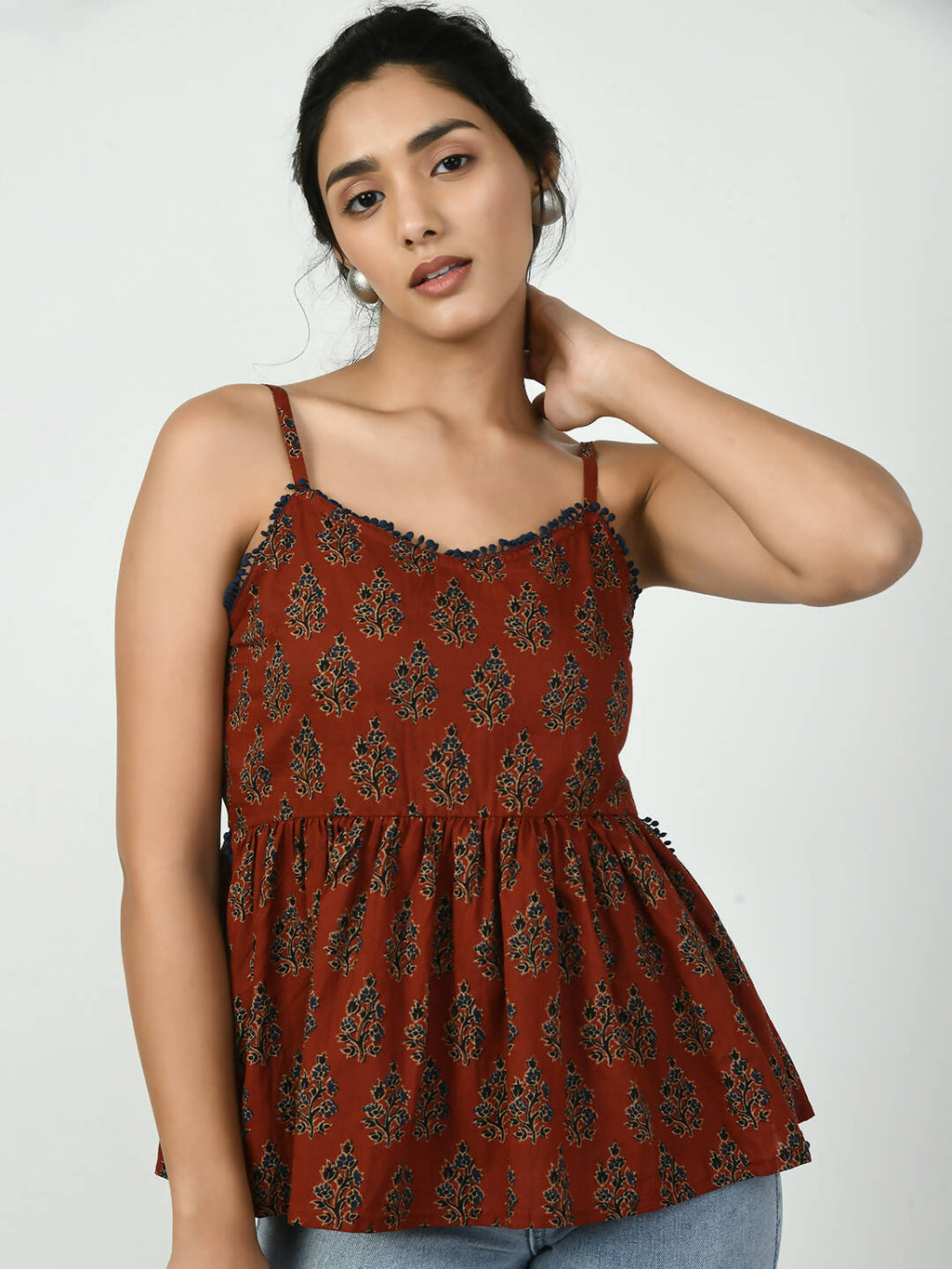 Myshka Women's Rust Ethnic Motifs Printed Top