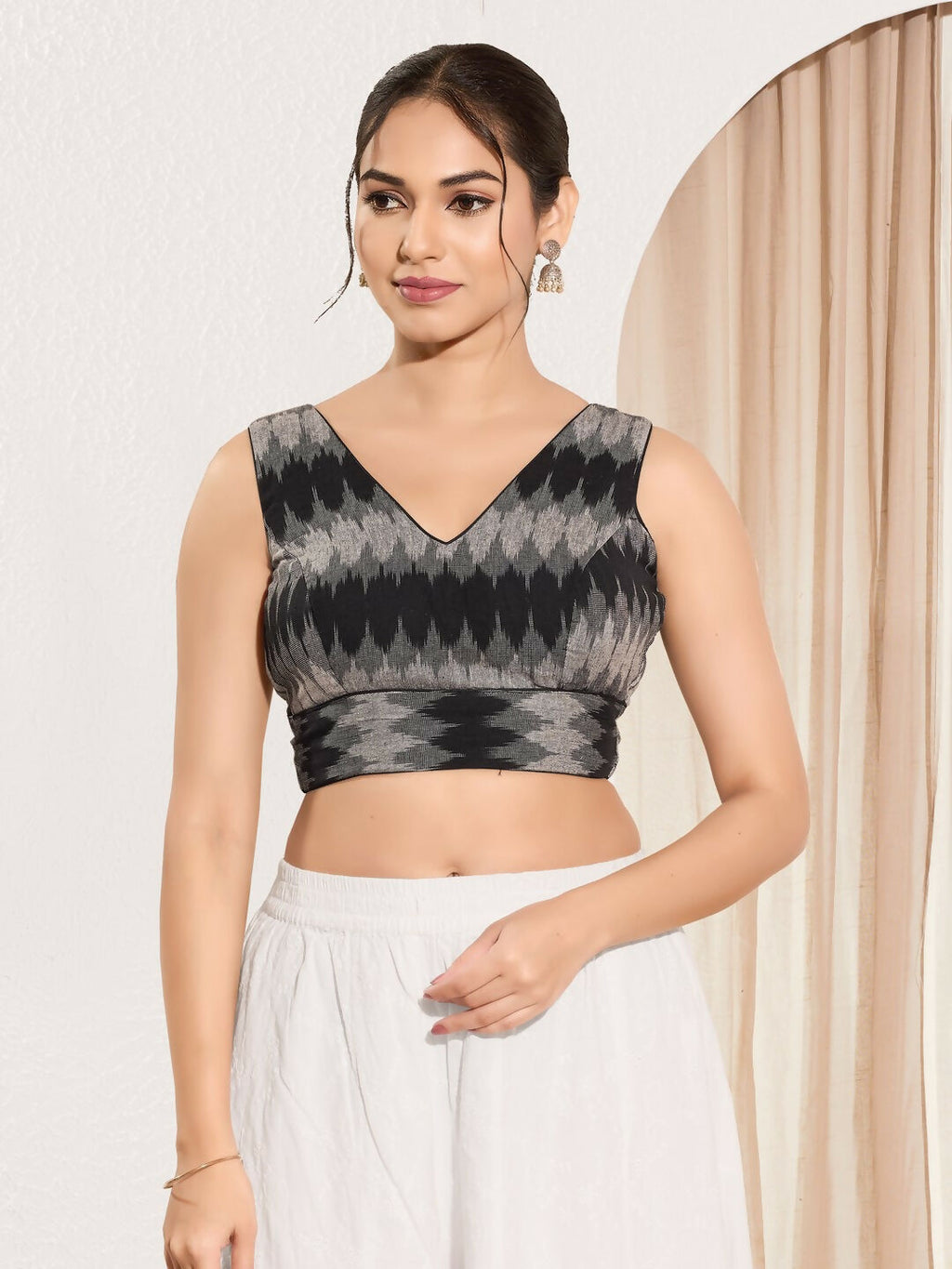 Joban Fashion Black Ikat Silk Padded Blouse With V Neck Sleeveless - Distacart