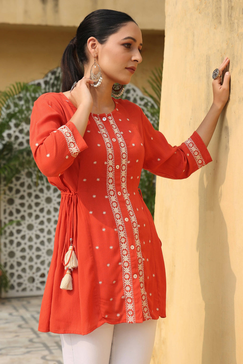 Juniper Women's Orange Rayon Crepe Embroidered Tunic - Distacart