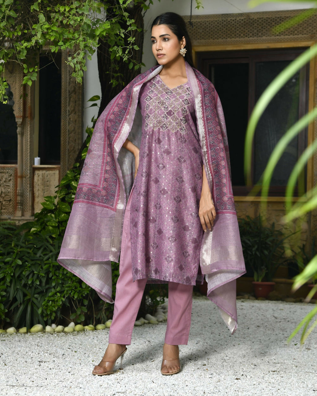 Vaasva Women's Chanderi Printed Suit Set With Pant And Printed Dupatta