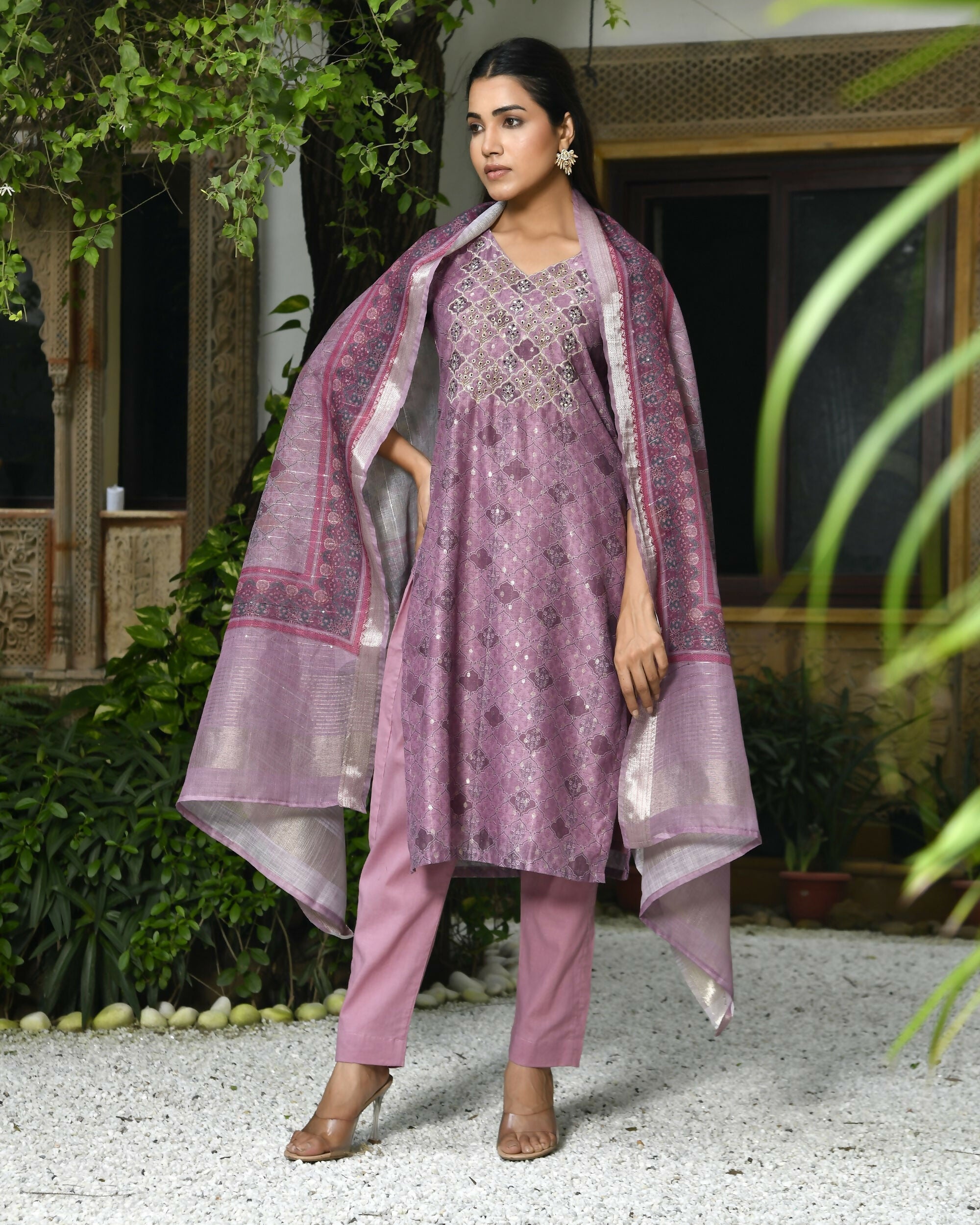 Vaasva Women's Chanderi Printed Suit Set With Pant And Printed Dupatta