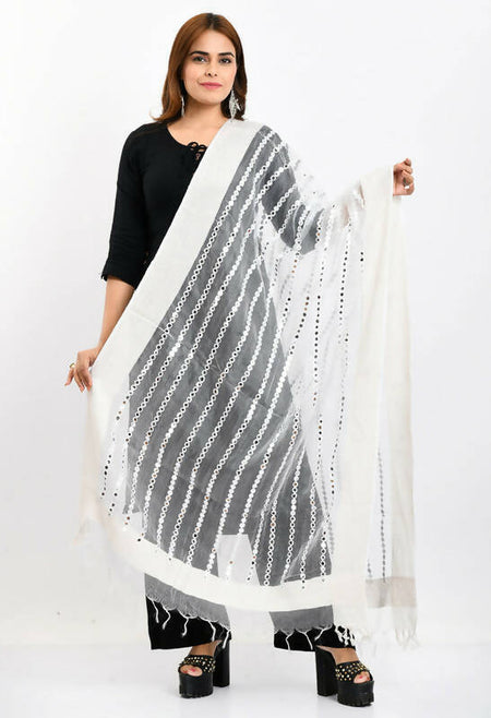 Mominos Fashion Moeza Women's Orgenza Mirror Stripe Thread Work White Dupatta
