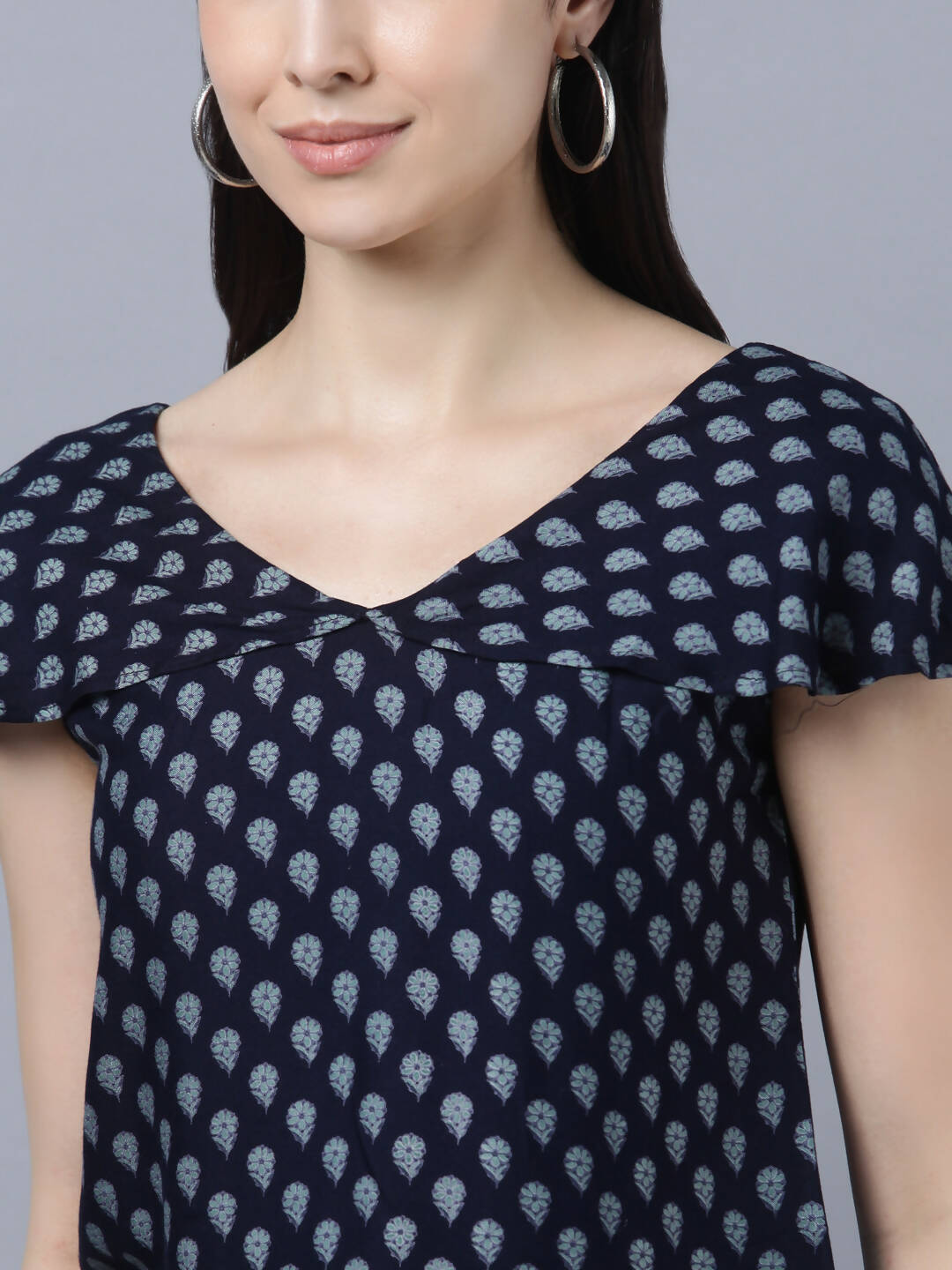 Myshka Women Navy Blue Ethnic Motifs Printed Pure Cotton Top with Palazzos - Distacart