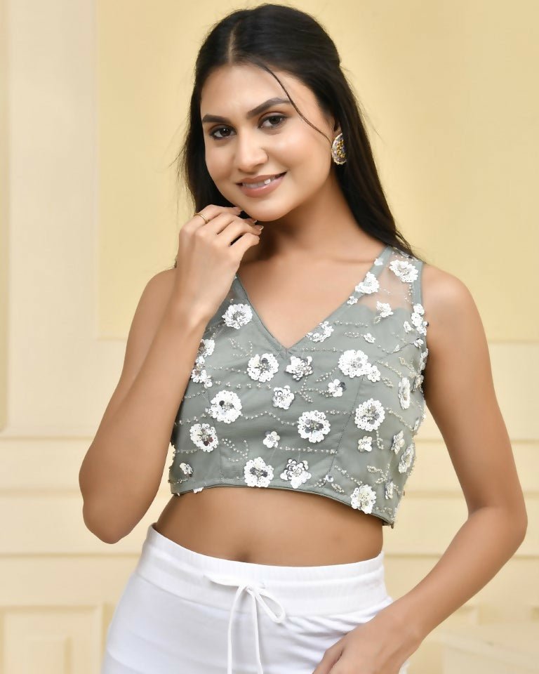 Amodini Designer Studio Teal Floral Sleeveless Padded Blouse