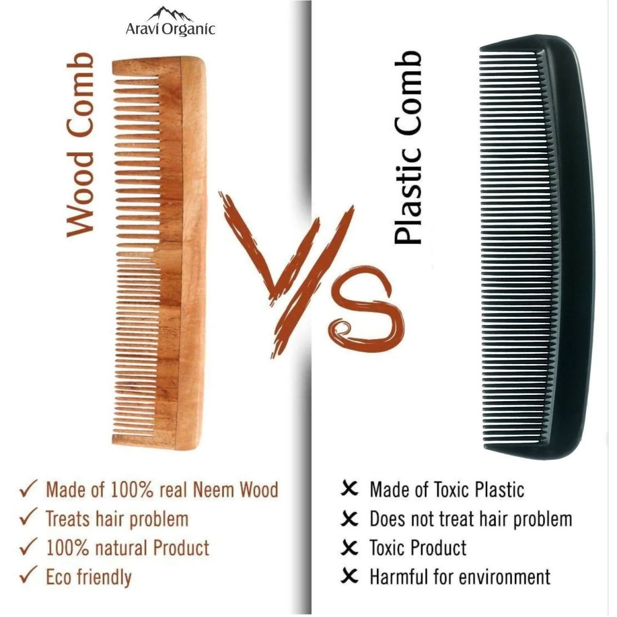Aravi Organic Neem Wood Comb Fine and Wide Tooth - Distacart