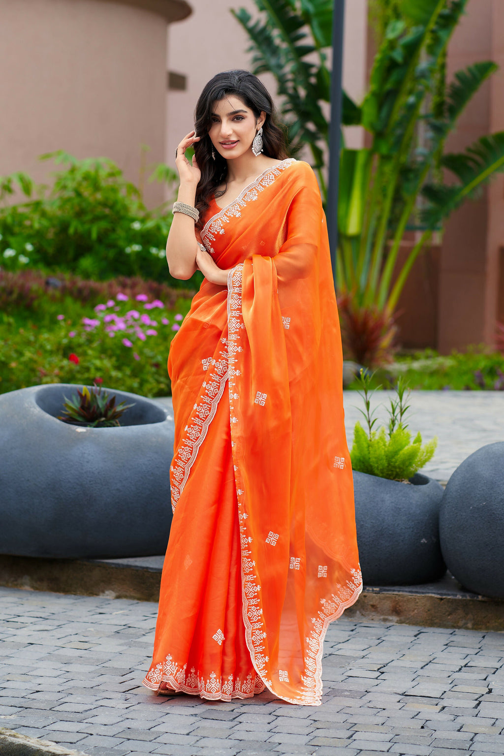 Vastranavya Orange Embroidery Work Shimmer Chiffon Saree with Unstitched Blouse - Distacart