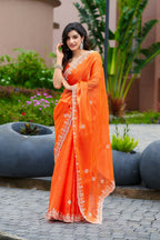 Vastranavya Orange Embroidery Work Shimmer Chiffon Saree with Unstitched Blouse - Distacart