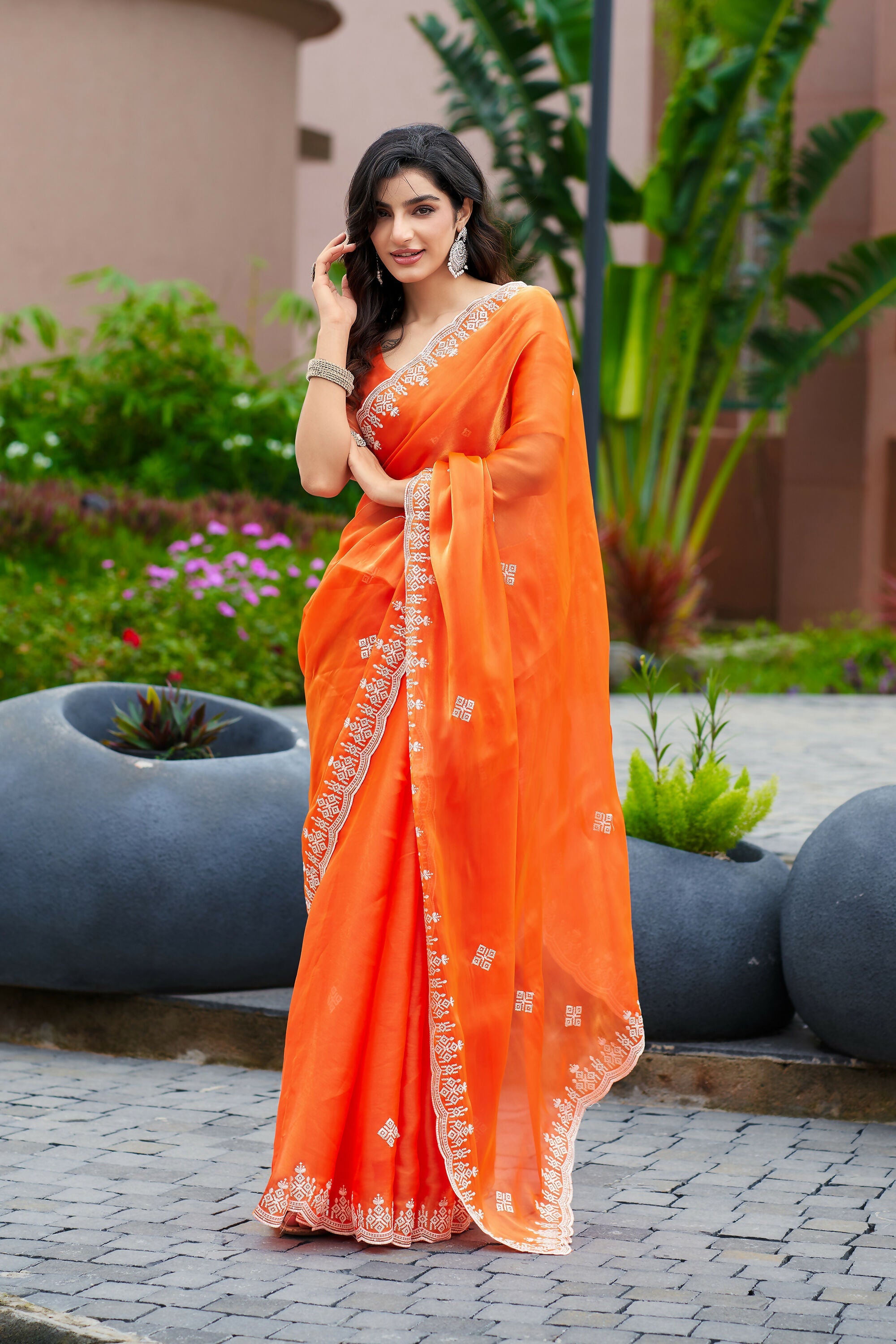 Vastranavya Orange Embroidery Work Shimmer Chiffon Saree with Unstitched Blouse - Distacart