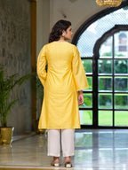 Juniper Women's Yellow Thread Embroidered Viscose Kurta Palazzo And Dupatta Set With Thread & Mirror Work