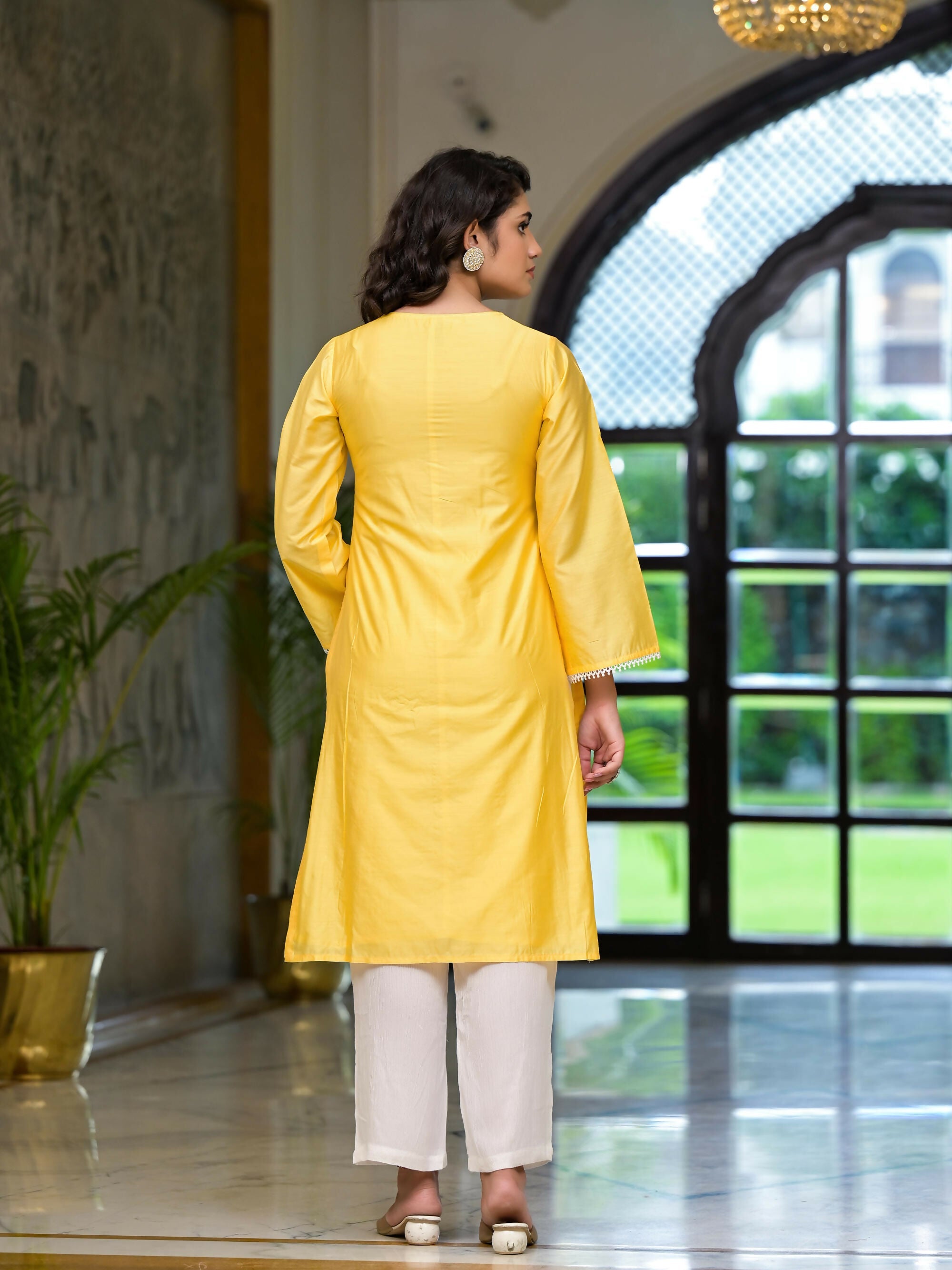 Juniper Women's Yellow Thread Embroidered Viscose Kurta Palazzo And Dupatta Set With Thread & Mirror Work