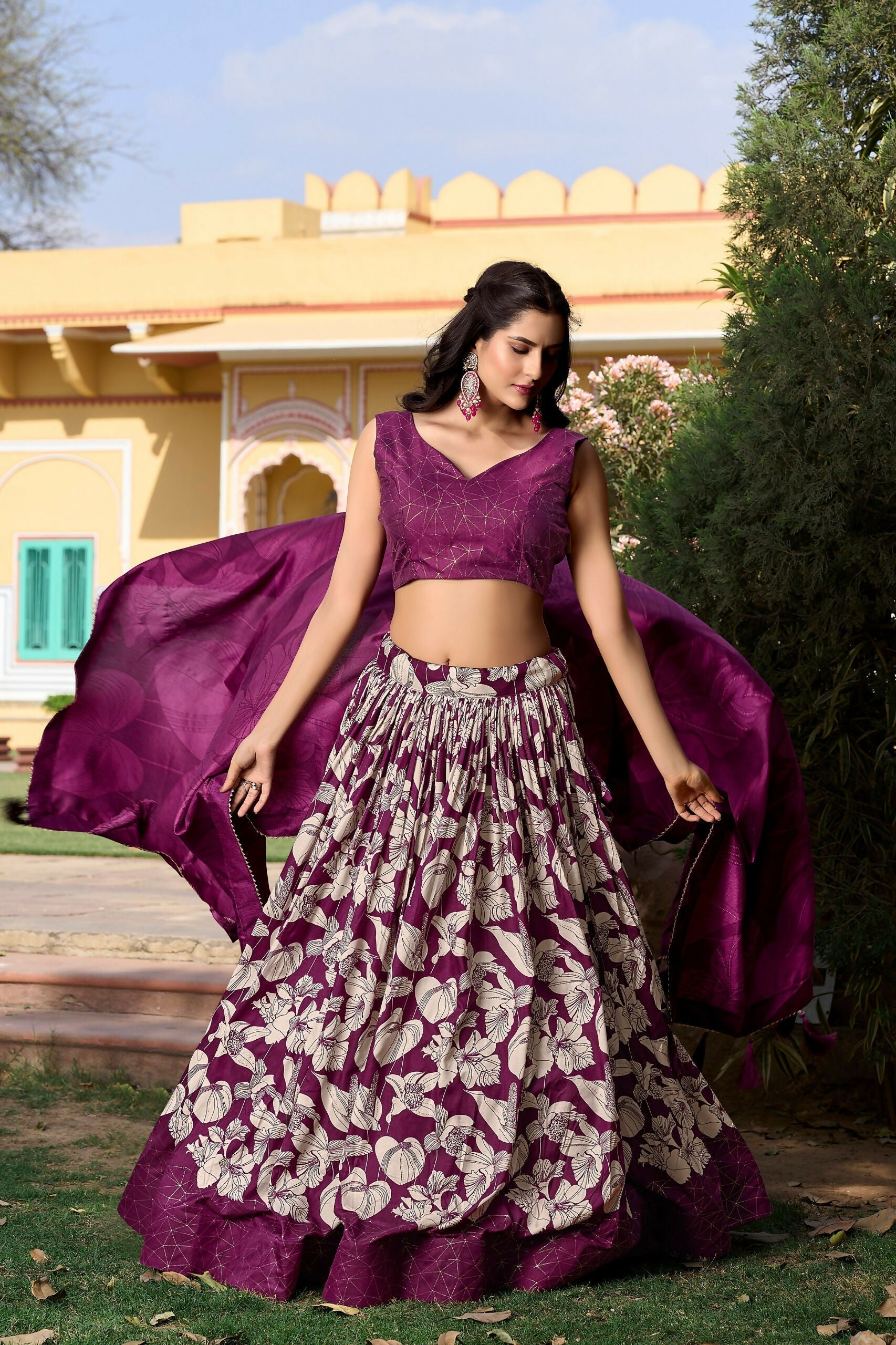 Vastranavya Ethnic Look Tussar Silk Floral Printed With Foil Work Indian Lehenga Choli - Wine